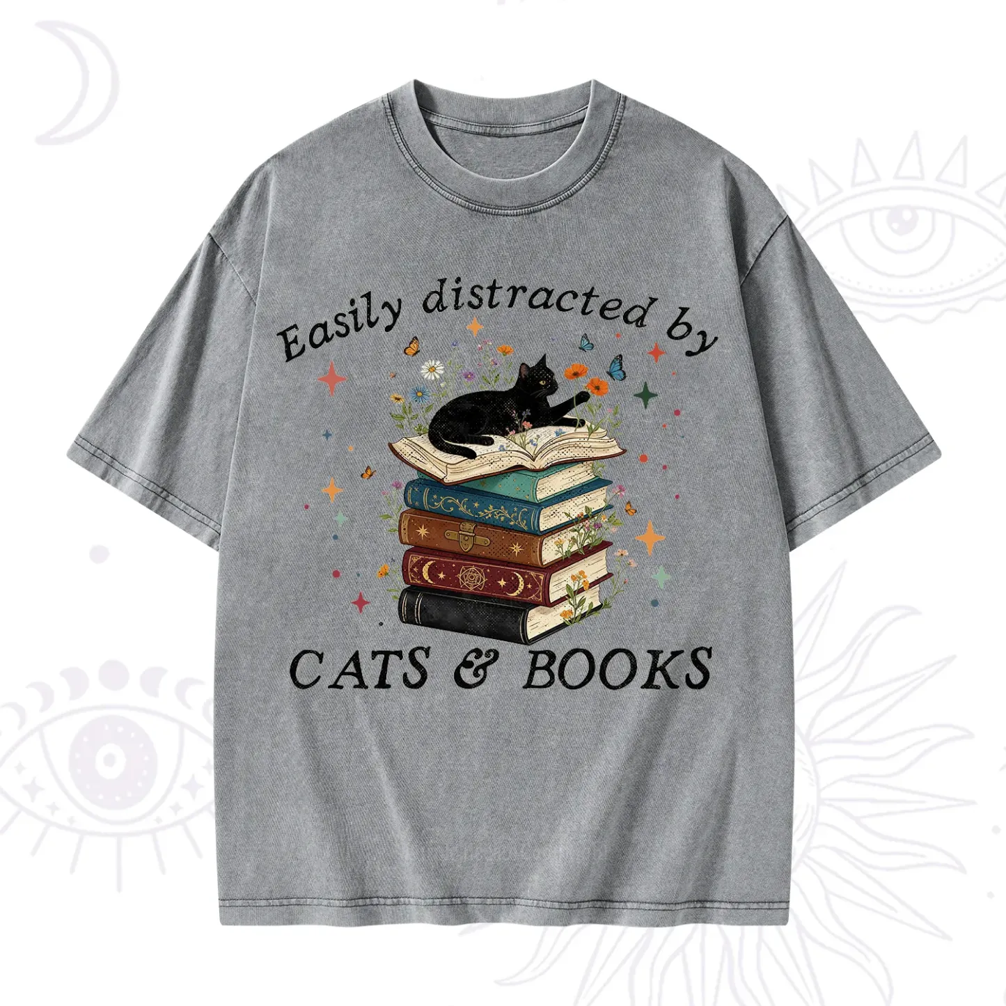 Purplehecate Easily Distracted By Cats And Books Washed T-Shirt