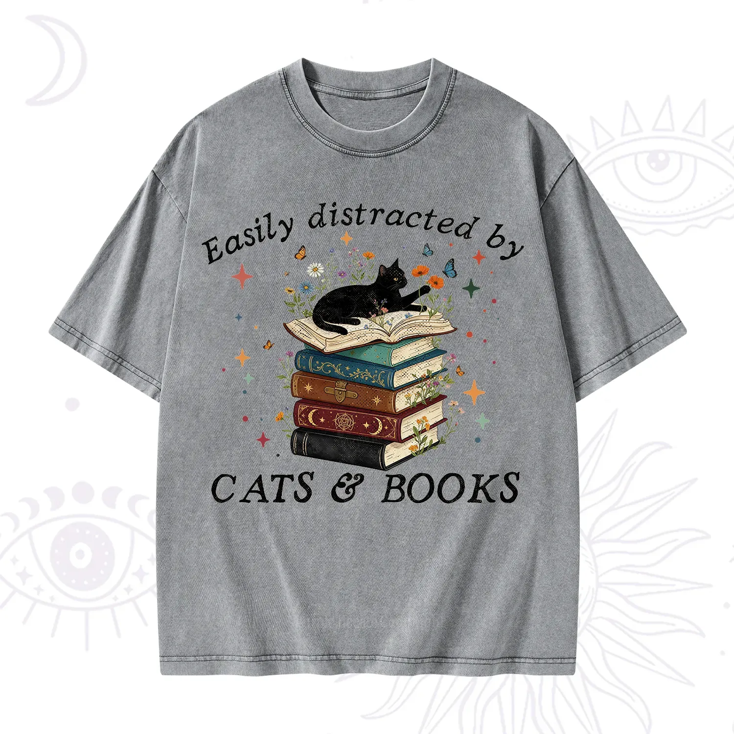 Purplehecate Easily Distracted By Cats And Books Washed T-Shirt