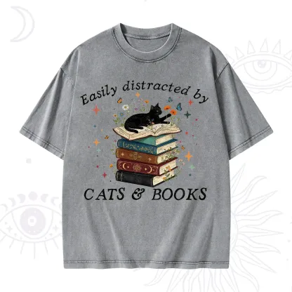 Purplehecate Easily Distracted By Cats And Books Washed T-Shirt