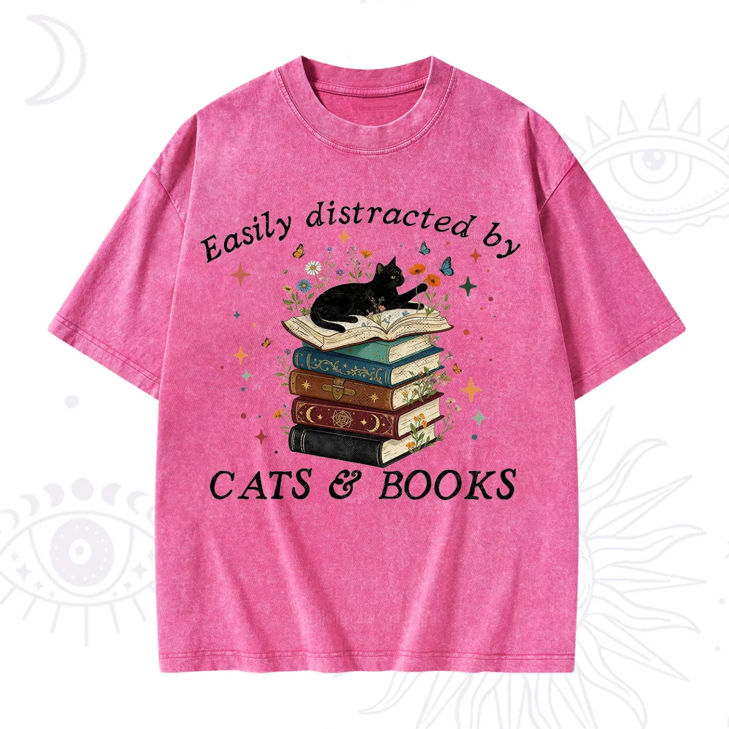 Purplehecate Easily Distracted By Cats And Books Washed T-Shirt