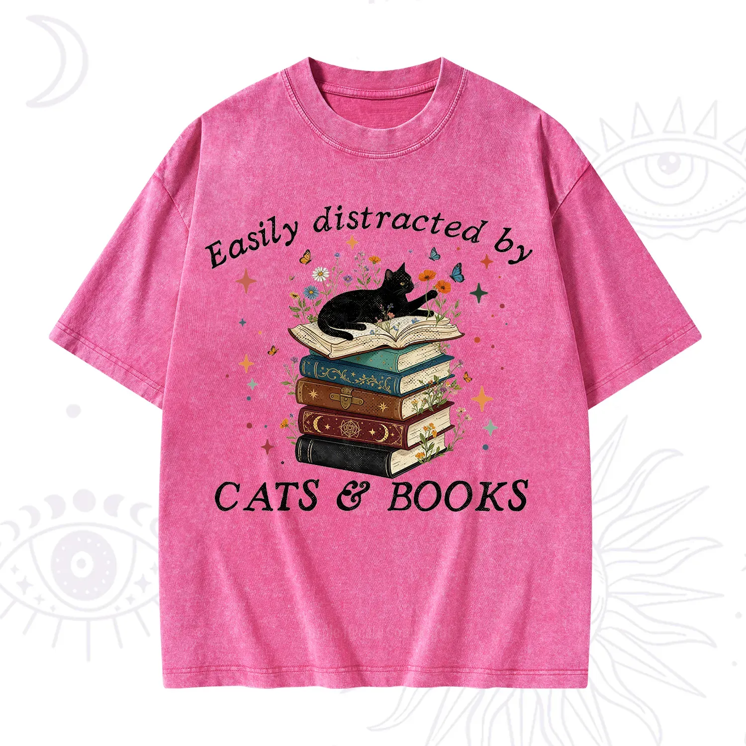 Purplehecate Easily Distracted By Cats And Books Washed T-Shirt