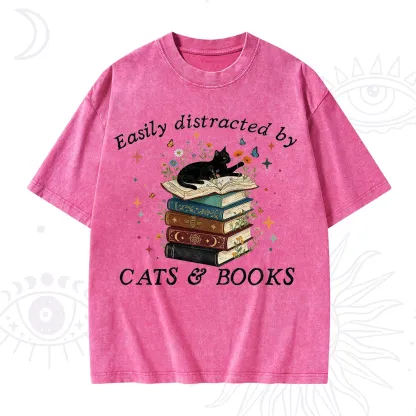 Purplehecate Easily Distracted By Cats And Books Washed T-Shirt