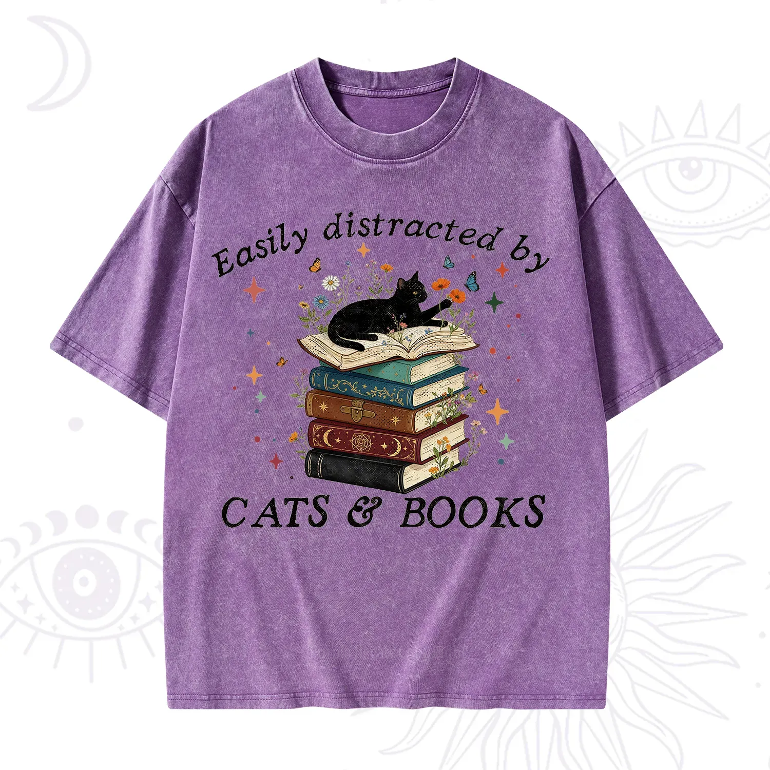 Purplehecate Easily Distracted By Cats And Books Washed T-Shirt
