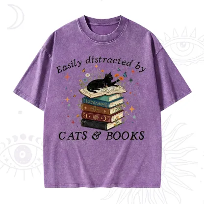 Purplehecate Easily Distracted By Cats And Books Washed T-Shirt