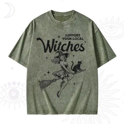 Purplehecate Support Your Local Witches Funny Witch Washed T-Shirt
