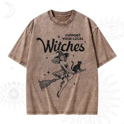 Purplehecate Support Your Local Witches Funny Witch Washed T-Shirt
