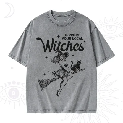 Purplehecate Support Your Local Witches Funny Witch Washed T-Shirt