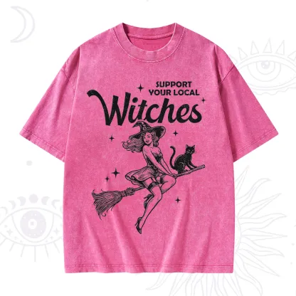 Purplehecate Support Your Local Witches Funny Witch Washed T-Shirt