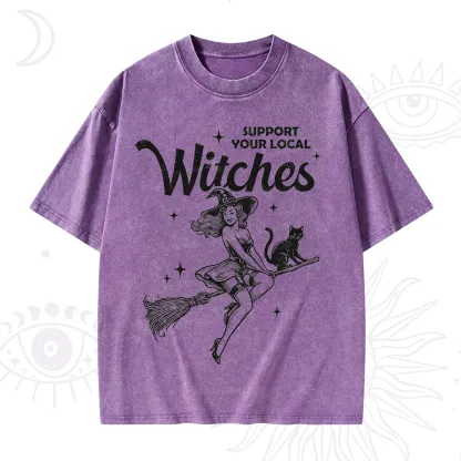 Purplehecate Support Your Local Witches Funny Witch Washed T-Shirt