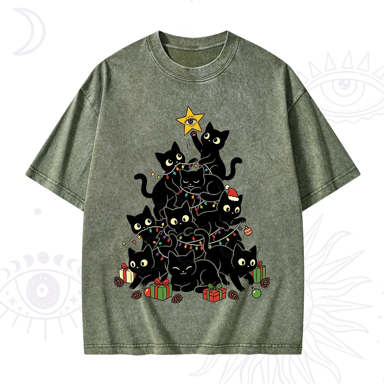 Purplehecate Black Cat Christmas Tree Washed T-Shirt