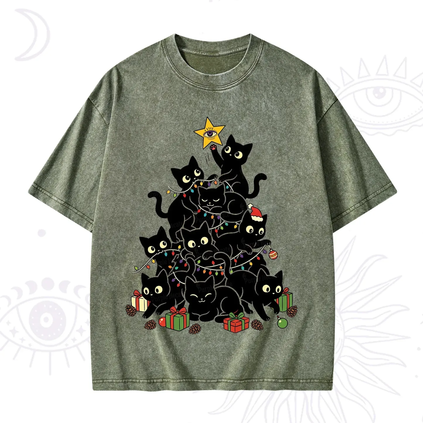 Purplehecate Black Cat Christmas Tree Washed T-Shirt