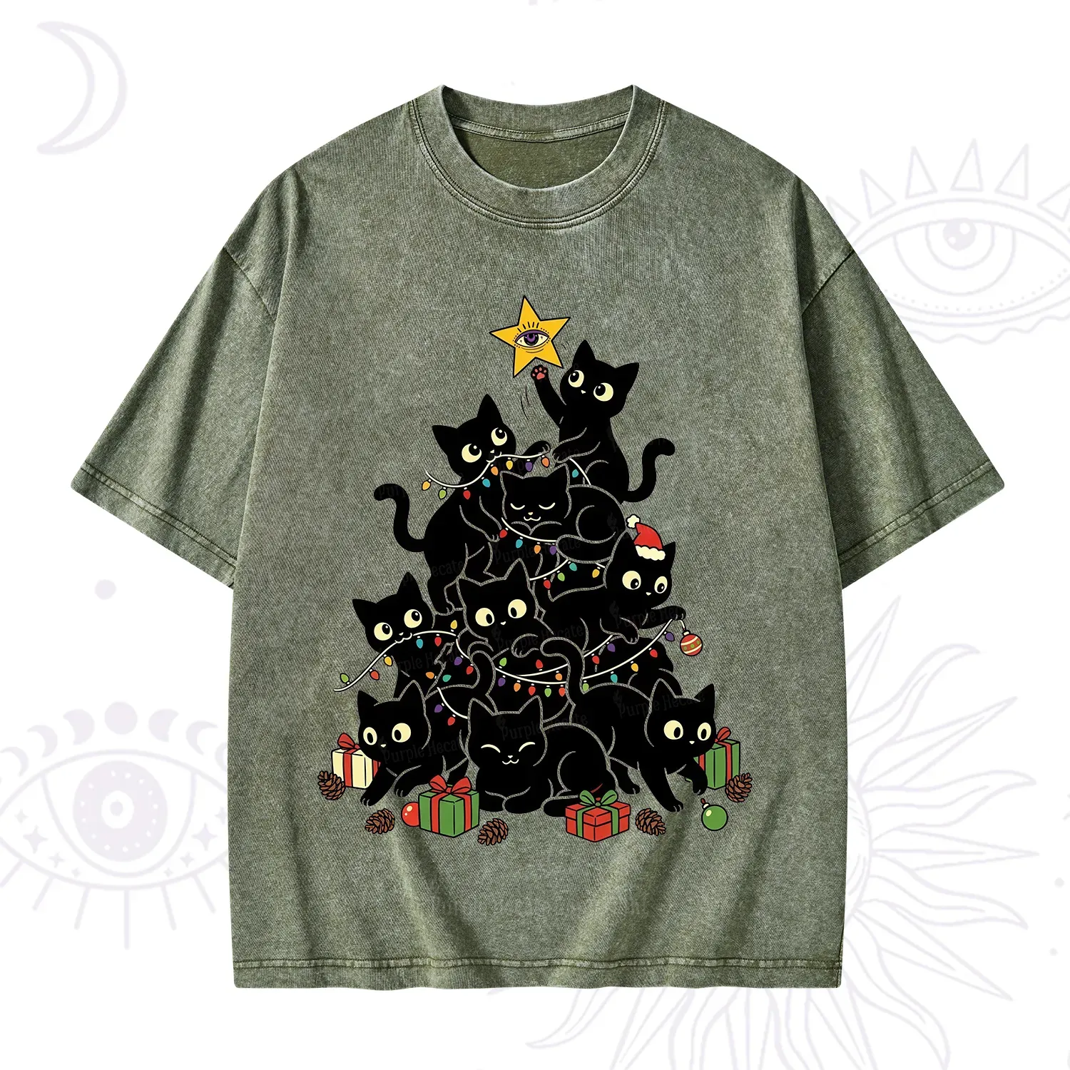 Purplehecate Black Cat Christmas Tree Washed T-Shirt