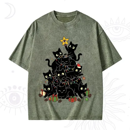 Purplehecate Black Cat Christmas Tree Washed T-Shirt