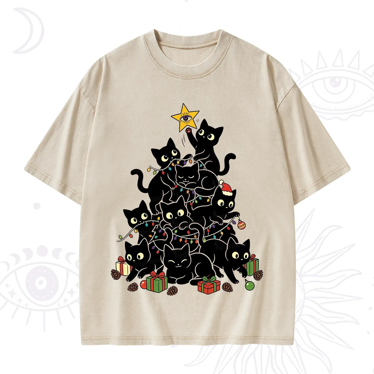 Purplehecate Black Cat Christmas Tree Washed T-Shirt