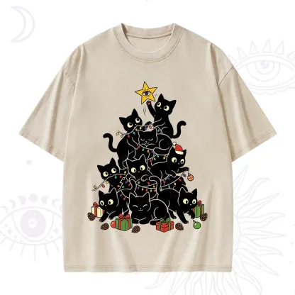 Purplehecate Black Cat Christmas Tree Washed T-Shirt