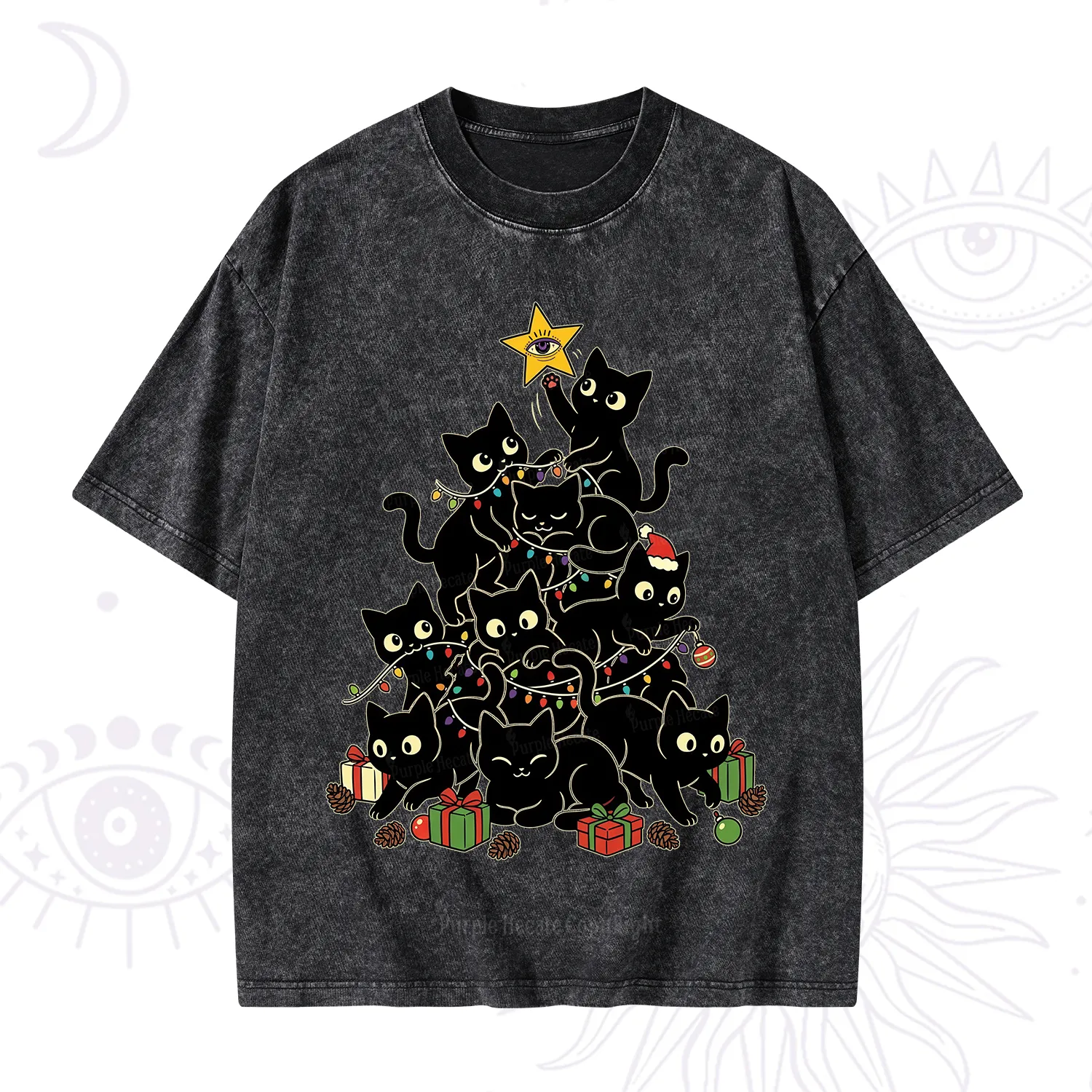Purplehecate Black Cat Christmas Tree Washed T-Shirt