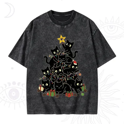 Purplehecate Black Cat Christmas Tree Washed T-Shirt