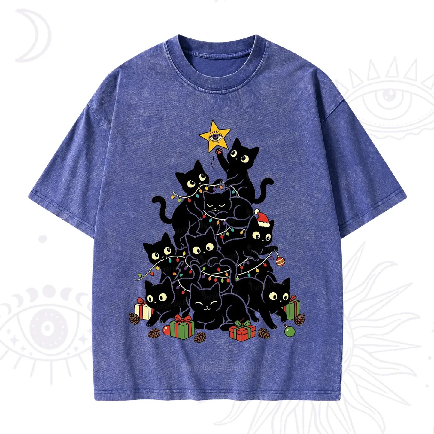 Purplehecate Black Cat Christmas Tree Washed T-Shirt