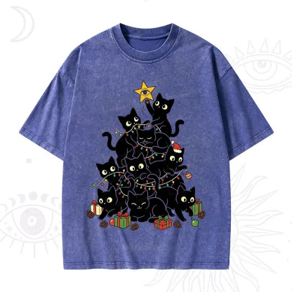 Purplehecate Black Cat Christmas Tree Washed T-Shirt