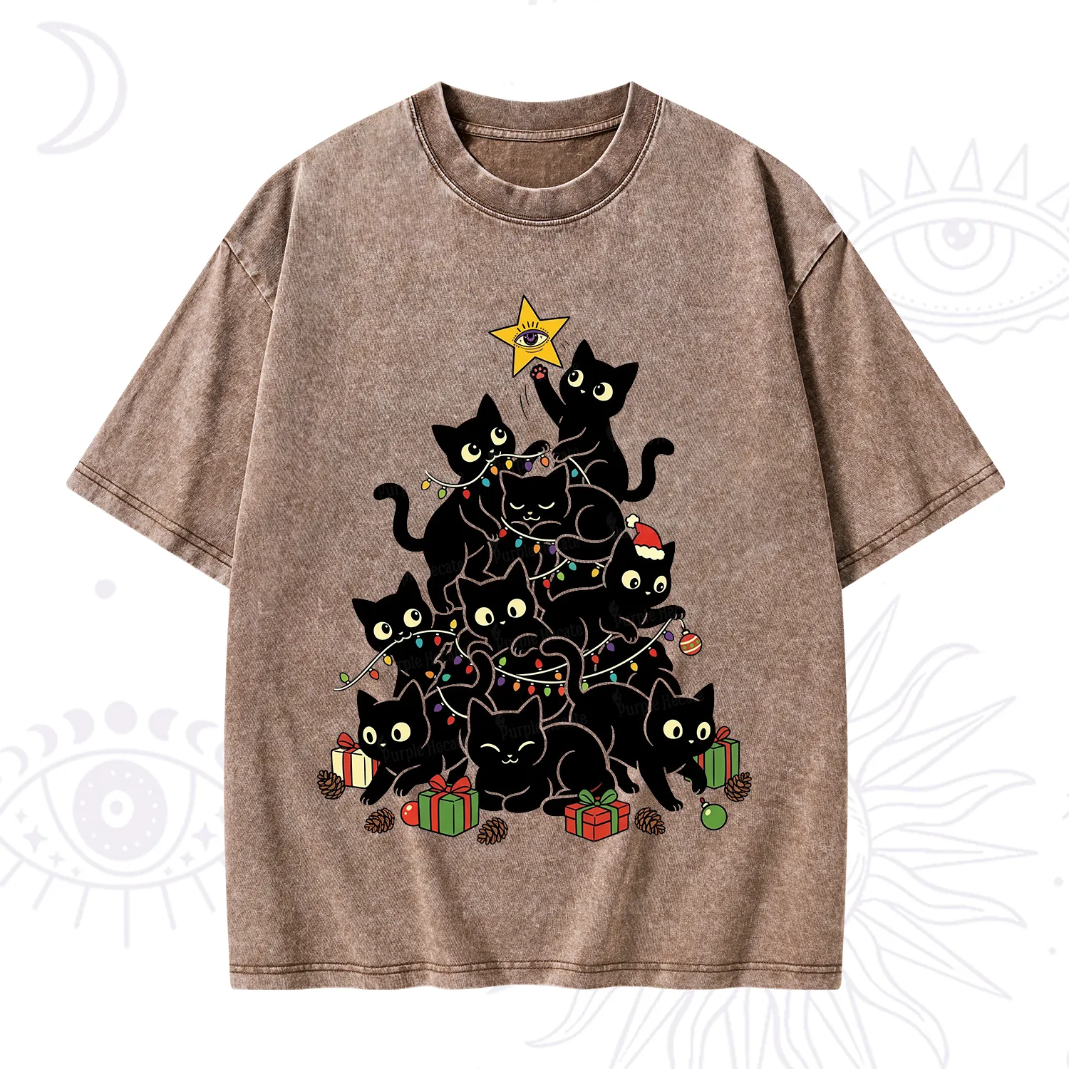Purplehecate Black Cat Christmas Tree Washed T-Shirt