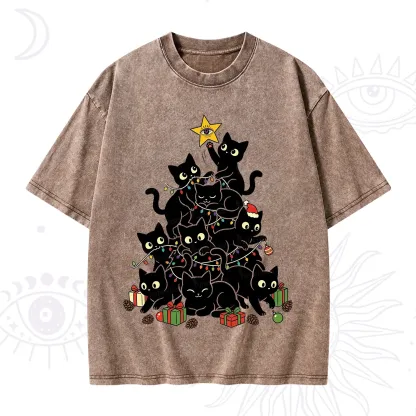 Purplehecate Black Cat Christmas Tree Washed T-Shirt