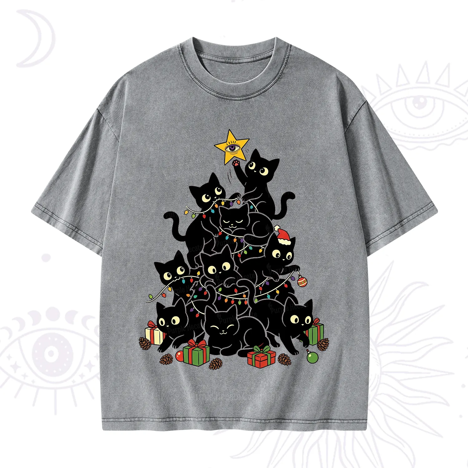 Purplehecate Black Cat Christmas Tree Washed T-Shirt