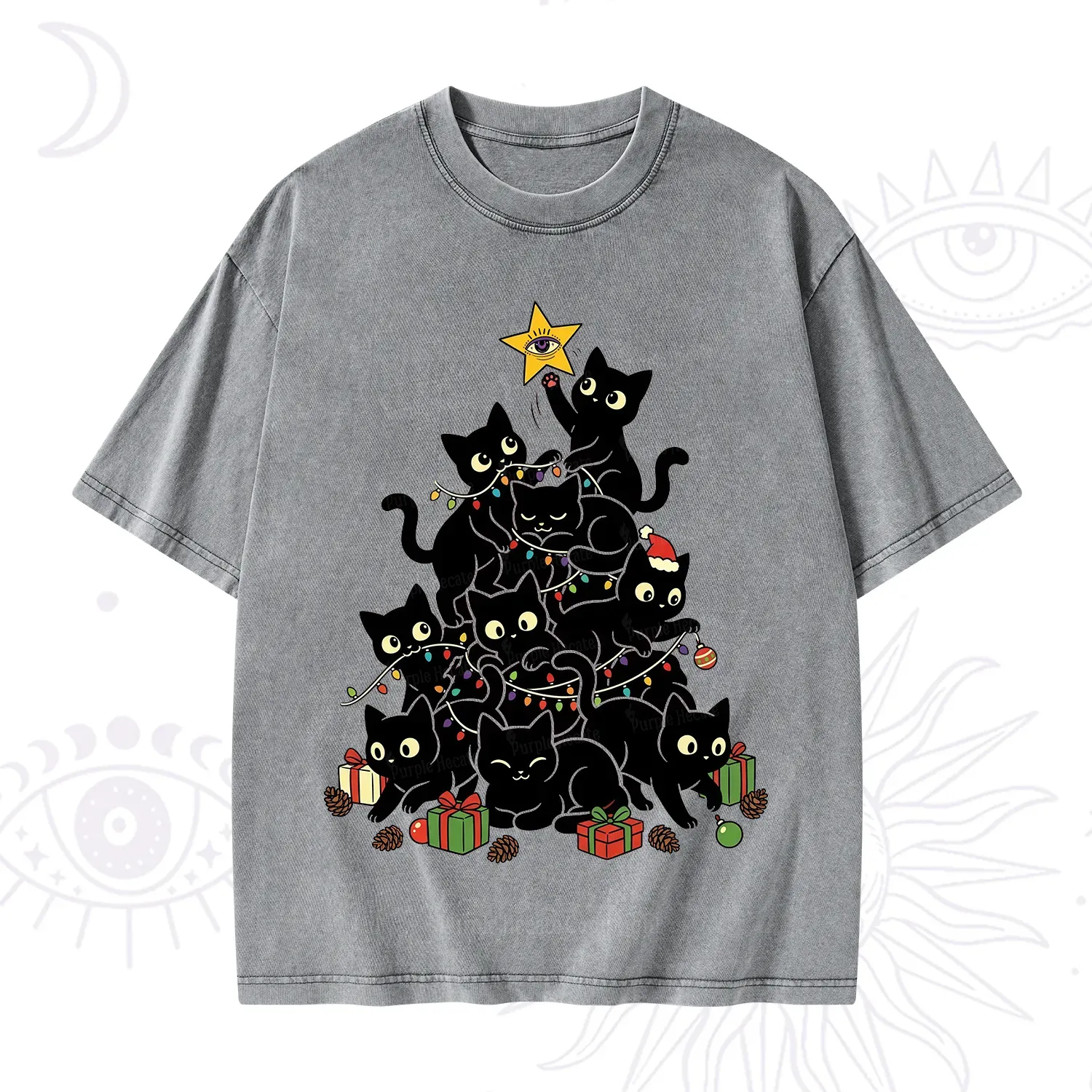 Purplehecate Black Cat Christmas Tree Washed T-Shirt