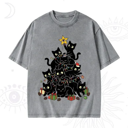 Purplehecate Black Cat Christmas Tree Washed T-Shirt