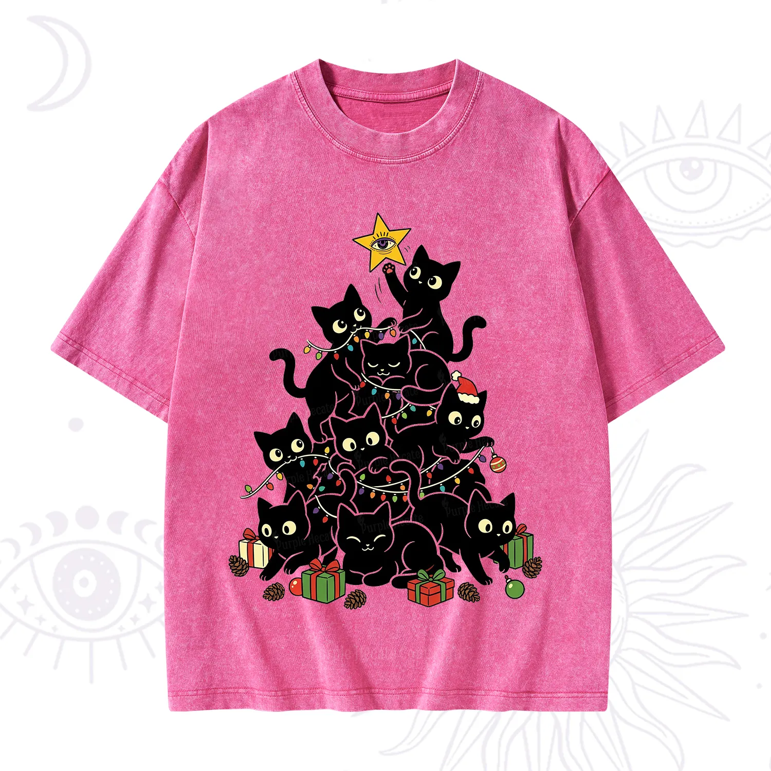 Purplehecate Black Cat Christmas Tree Washed T-Shirt