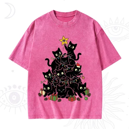Purplehecate Black Cat Christmas Tree Washed T-Shirt