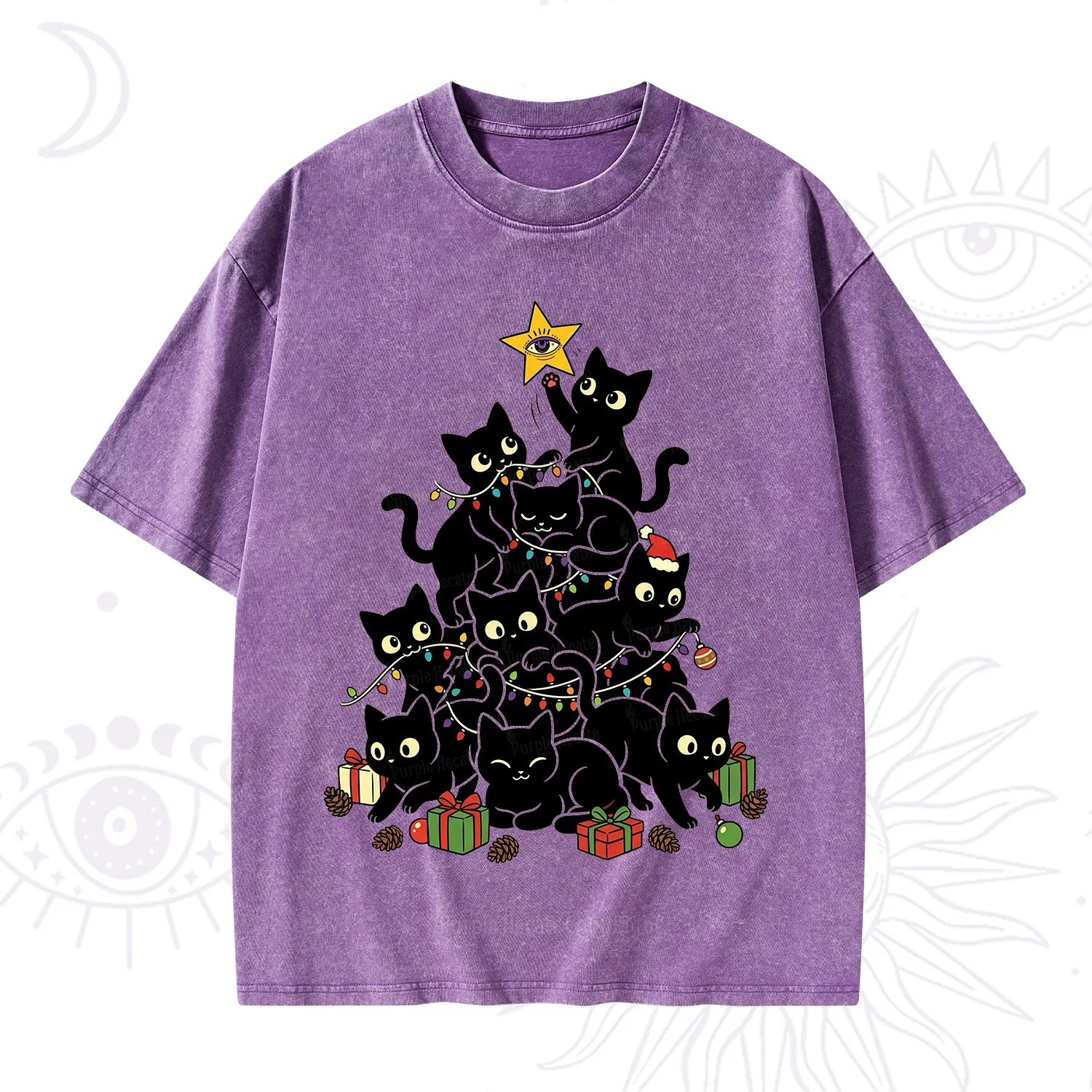 Purplehecate Black Cat Christmas Tree Washed T-Shirt
