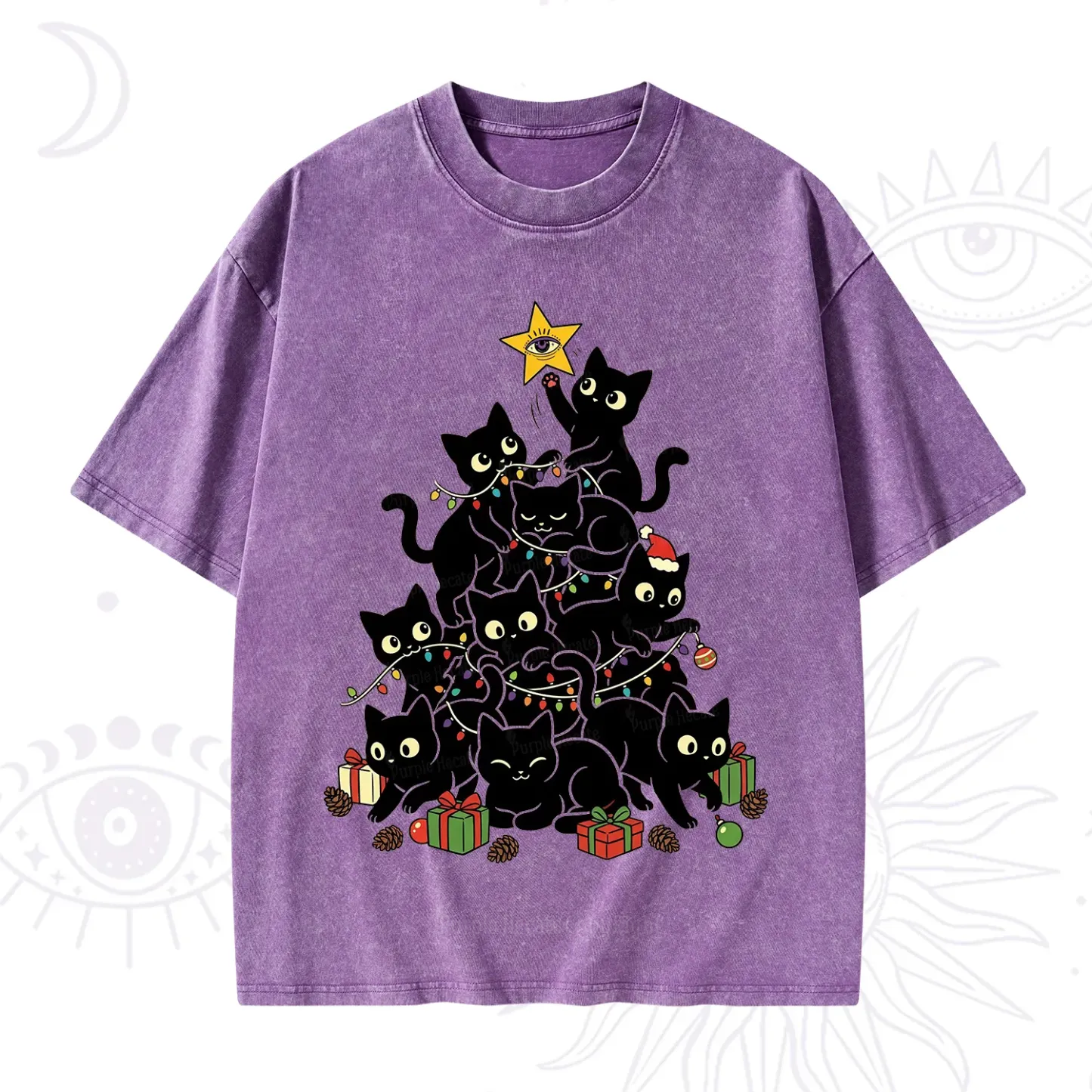 Purplehecate Black Cat Christmas Tree Washed T-Shirt