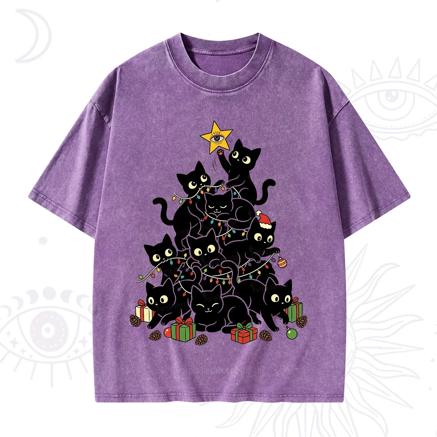 Purplehecate Black Cat Christmas Tree Washed T-Shirt