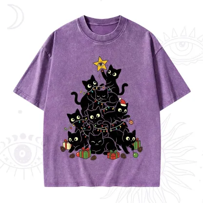 Purplehecate Black Cat Christmas Tree Washed T-Shirt