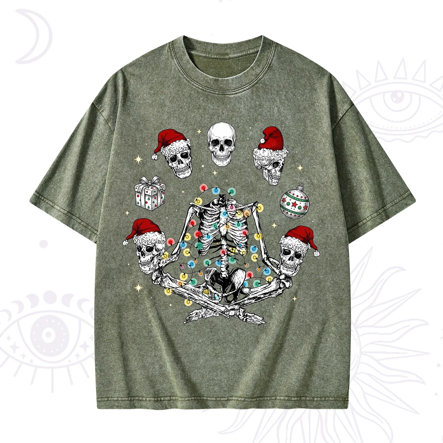 Purplehecate Skeleton Heads Christmas Washed T-Shirt