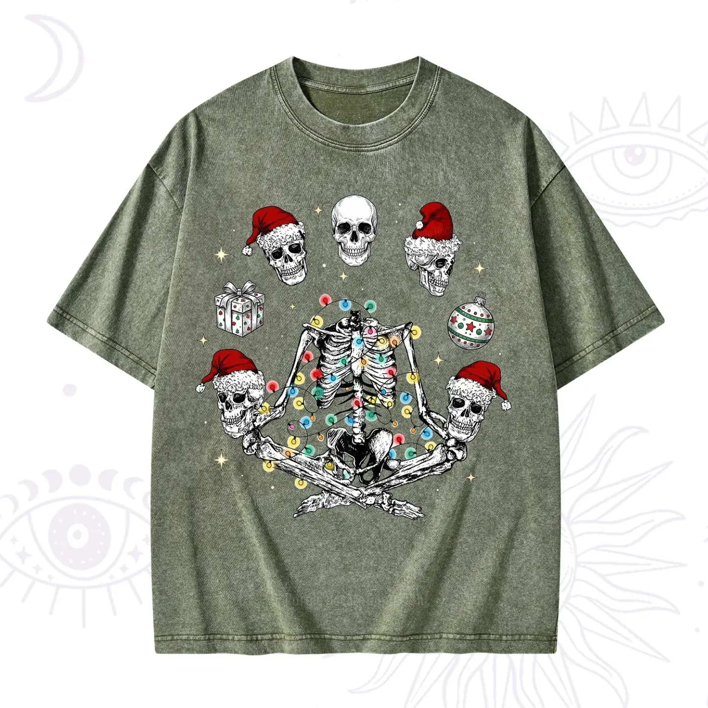 Purplehecate Skeleton Heads Christmas Washed T-Shirt