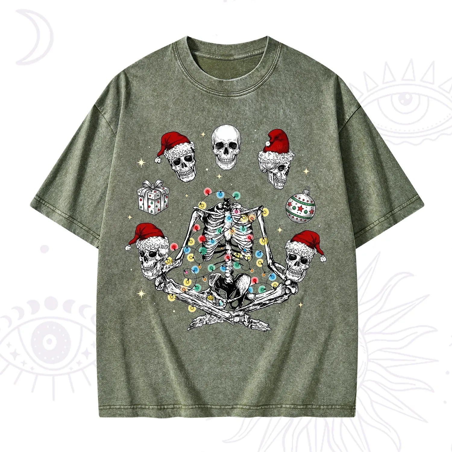Purplehecate Skeleton Heads Christmas Washed T-Shirt