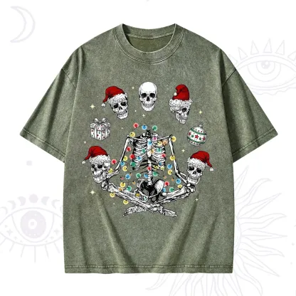 Purplehecate Skeleton Heads Christmas Washed T-Shirt