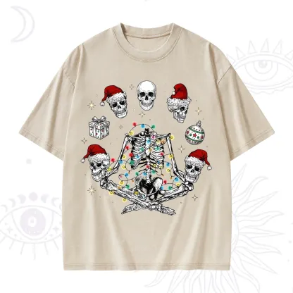 Purplehecate Skeleton Heads Christmas Washed T-Shirt