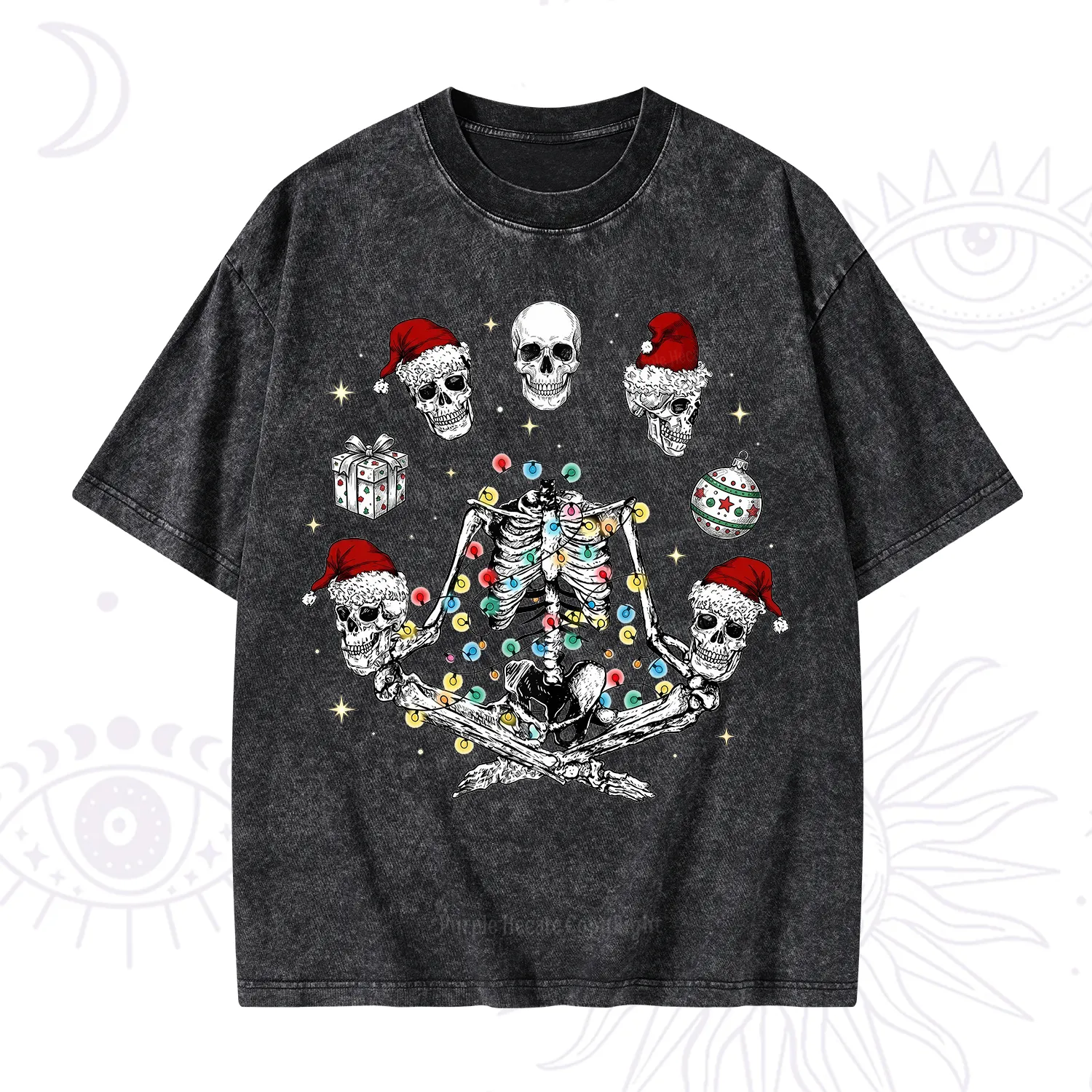 Purplehecate Skeleton Heads Christmas Washed T-Shirt