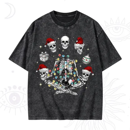 Purplehecate Skeleton Heads Christmas Washed T-Shirt