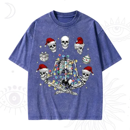 Purplehecate Skeleton Heads Christmas Washed T-Shirt