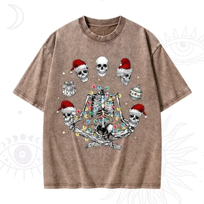 Purplehecate Skeleton Heads Christmas Washed T-Shirt