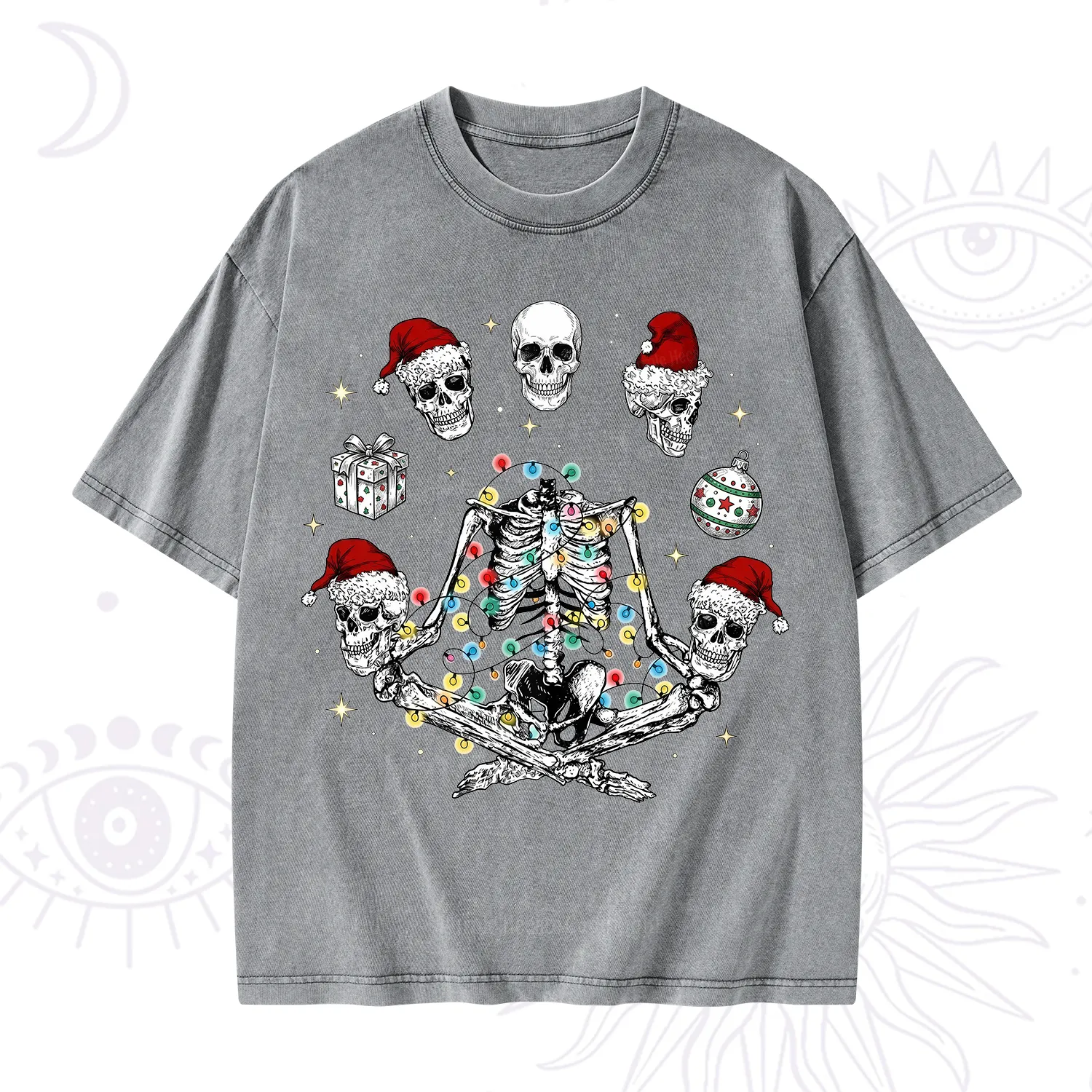 Purplehecate Skeleton Heads Christmas Washed T-Shirt