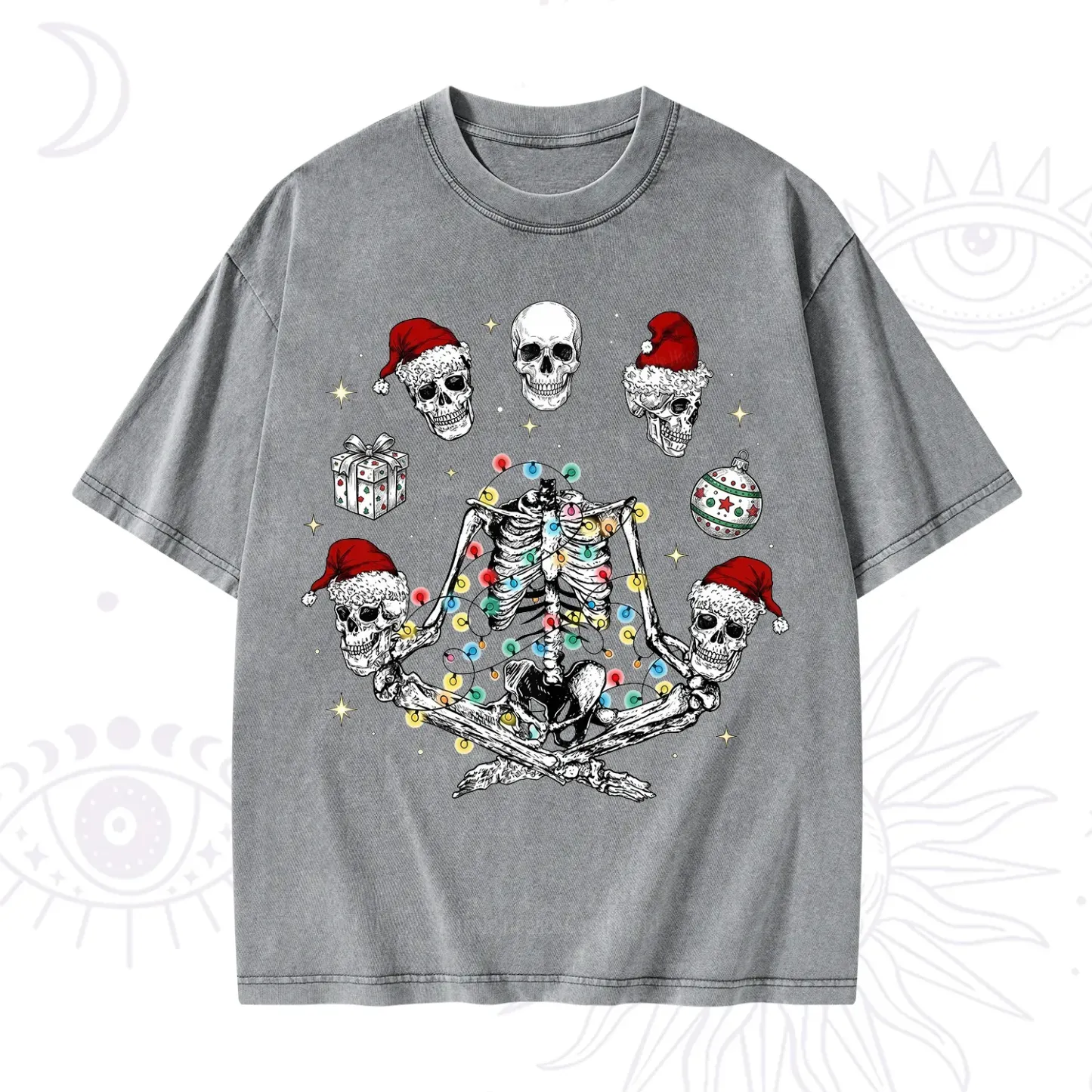 Purplehecate Skeleton Heads Christmas Washed T-Shirt