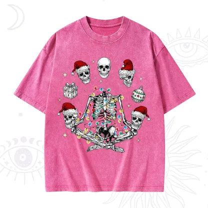Purplehecate Skeleton Heads Christmas Washed T-Shirt