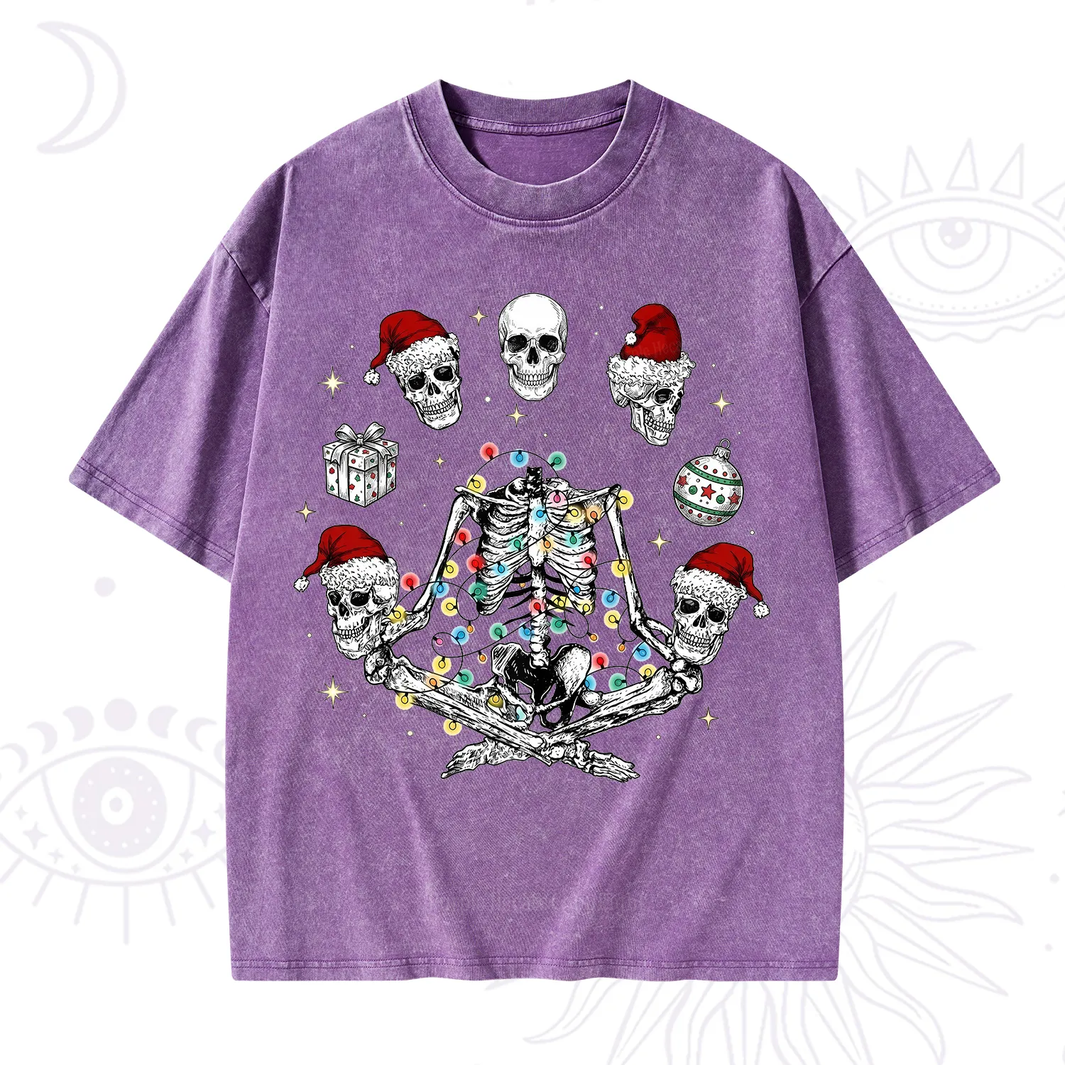 Purplehecate Skeleton Heads Christmas Washed T-Shirt