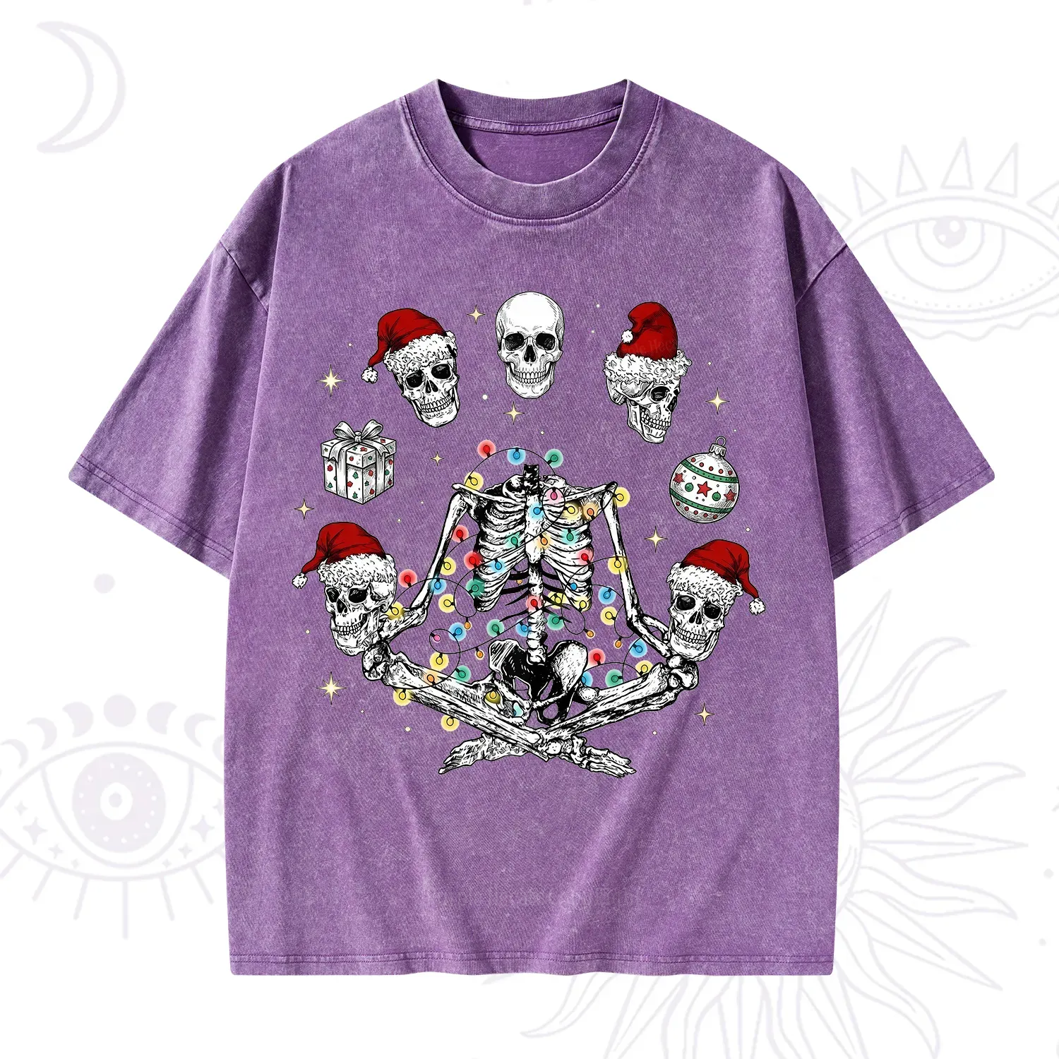 Purplehecate Skeleton Heads Christmas Washed T-Shirt