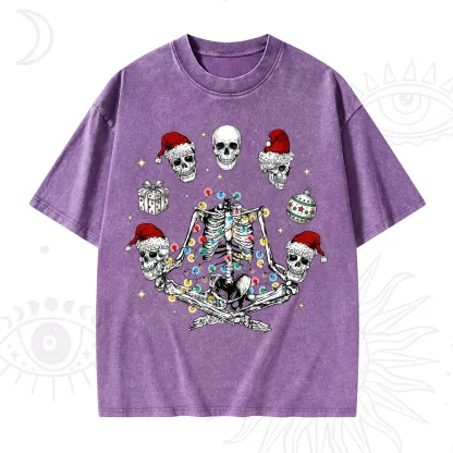 Purplehecate Skeleton Heads Christmas Washed T-Shirt