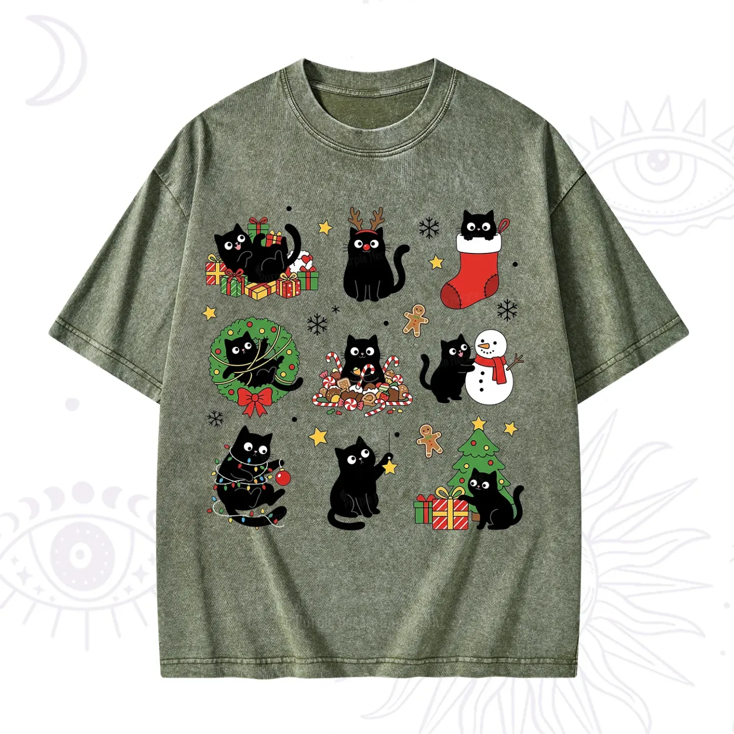 Purplehecate Christmas Black Cat Washed T-Shirt